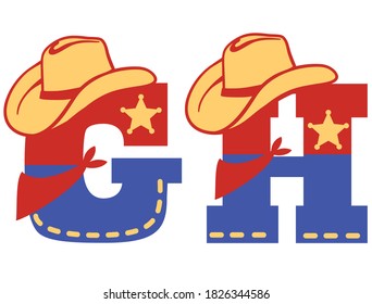English alphabet. Vector illustration of letter G and H with western decoration Cowboy hat and sheriff star isolated on white background. Cowboy baby cartoon party style characters