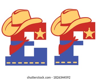 English alphabet. Vector illustration of letter E and F with western decoration Cowboy hat and sheriff star isolated on white background. Cowboy baby cartoon party style characters