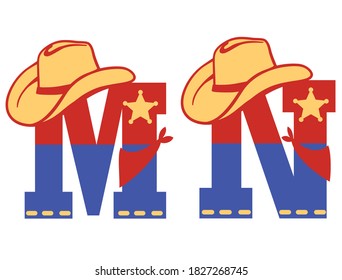 English alphabet. Vector illustration of letter M and N with western decoration Cowboy hat and sheriff star isolated on white background. Cowboy baby cartoon party style characters