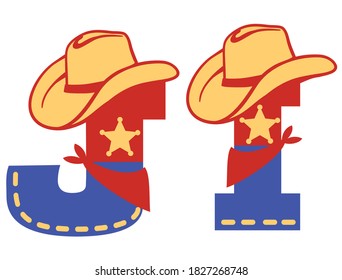 English alphabet. Vector illustration of letter J and I with western decoration Cowboy hat and sheriff star isolated on white background. Cowboy baby cartoon party style characters