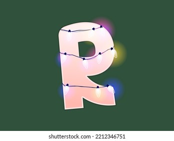 English alphabet vector illustration. Type with glowing Christmas lights and bulbs. Celebrational letters for decoration. Festive set in playful style. Letter R