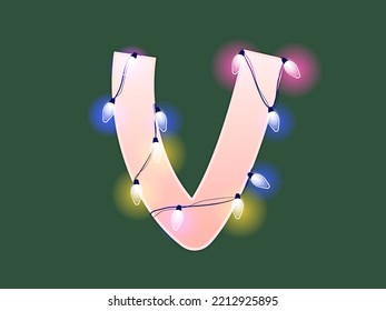 English alphabet vector illustration. Type with glowing Christmas lights and bulbs. Celebrational letters for decoration. Festive set in playful style. Letter V