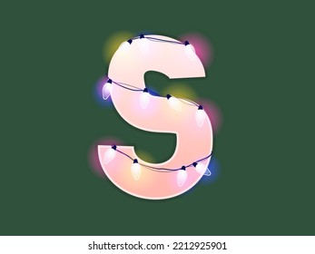 English alphabet vector illustration. Type with glowing Christmas lights and bulbs. Celebrational letters for decoration. Festive set in playful style. Letter S