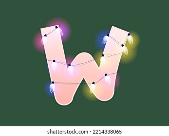 English alphabet vector illustration. Type with glowing Christmas lights and bulbs. Celebrational letters for decoration. Festive set in playful style. Letter W