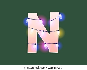 English alphabet vector illustration. Type with glowing Christmas lights and bulbs. Celebrational letters for decoration. Festive set in playful style. Letter N