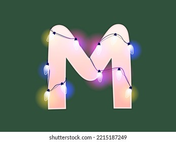 English alphabet vector illustration. Type with glowing Christmas lights and bulbs. Celebrational letters for decoration. Festive set in playful style. Letter M