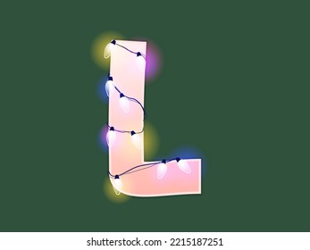 English alphabet vector illustration. Type with glowing Christmas lights and bulbs. Celebrational letters for decoration. Festive set in playful style. Letter L