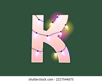 English alphabet vector illustration. Type with glowing Christmas lights and bulbs. Celebrational letters for decoration. Festive set in playful style. Letter K