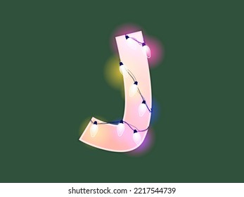 English alphabet vector illustration. Type with glowing Christmas lights and bulbs. Celebrational letters for decoration. Festive set in playful style. Letter J