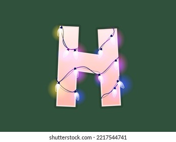 English alphabet vector illustration. Type with glowing Christmas lights and bulbs. Celebrational letters for decoration. Festive set in playful style. Letter H