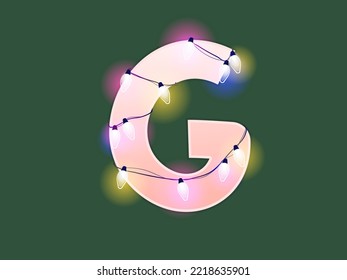 English alphabet vector illustration. Type with glowing Christmas lights and bulbs. Celebrational letters for decoration. Festive set in playful style. Letter G