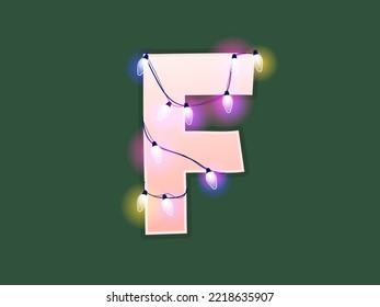 English alphabet vector illustration. Type with glowing Christmas lights and bulbs. Celebrational letters for decoration. Festive set in playful style. Letter F