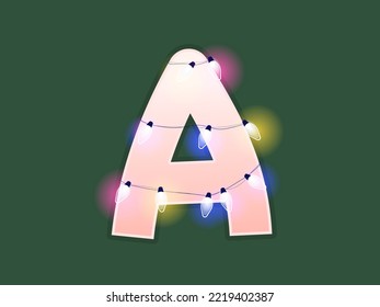 English alphabet vector illustration. Type with glowing Christmas lights and bulbs. Celebrational letters for decoration. Festive set in playful style. Letter A