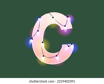 English alphabet vector illustration. Type with glowing Christmas lights and bulbs. Celebrational letters for decoration. Festive set in playful style. Letter C