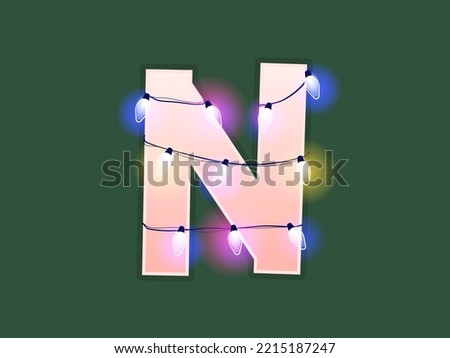 English alphabet vector illustration. Type with glowing Christmas lights and bulbs. Celebrational letters for decoration. Festive set in playful style. Letter N