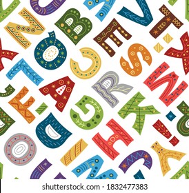English alphabet - vector seamless pattern. Background for fabric, textile, wallpaper, posters, gift wrapping paper, napkin, pajamas. Print for children, baby 