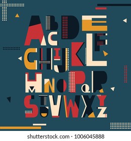 English alphabet vector, typography design. Background with set of decorative latin letters. Poster with colorful latin abc made in modern style. Clean font, flat line style. Trendy capital letters