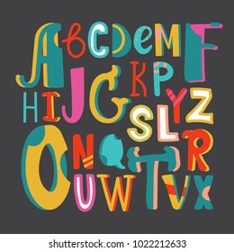 English alphabet vector, typography design. Background with set of decorative latin letters. Poster with colorful latin abc made in modern style. Hand drawn font. Different capital letters, collection