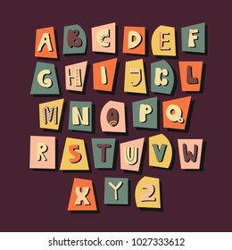 English alphabet vector, typography design. Background with set of decorative latin letters. Poster with colorful latin abc made in modern style. Hand drawn font. Different capital letters, collection