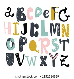 English alphabet vector, typography design. Background with set of decorative latin letters. Poster with colorful latin abc made in modern style. Hand drawn font. Different capital letters, collection