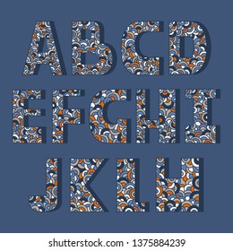 English alphabet vector, typography design. Background with set of decorative latin letters. Poster with colorful latin abc made in modern style. Hand drawn font. Different capital letters, collection