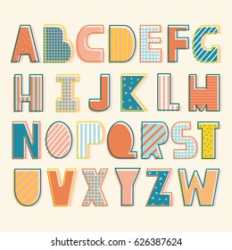 English alphabet vector; typography design. Background with set of decorative latin letters. Poster with colorful latin abc made in modern style. Clean font; flat line style. Clear lines