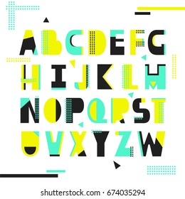 English alphabet vector, typography design. Background with set of decorative latin letters. Poster with colorful latin abc made in modern style. Clean font, flat line style. Trendy capital letters