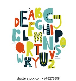 English alphabet vector, typography design. Background with set of decorative latin letters. Poster with colorful latin abc made in modern style. Hand drawn font. Different capital letters