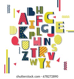 English alphabet vector, typography design. Background with set of decorative latin letters. Poster with colorful latin abc made in modern style. Hand drawn font. Different capital letters