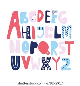 English alphabet vector, typography design. Background with set of decorative latin letters. Poster with colorful latin abc made in modern style. Hand drawn font. Different capital letters