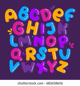 English alphabet vector, typography design. Background with set of decorative latin letters. Poster with colorful latin abc made in cute style. Hand drawn font. Different comic letters