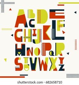 English alphabet vector, typography design. Background with set of decorative latin letters. Poster with colorful latin abc made in modern style. Hand drawn font. Different capital letters