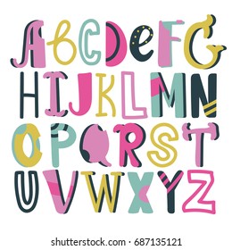 English alphabet vector, typography design. Background with set of decorative latin letters. Poster with colorful latin abc made in modern style. Hand drawn font. Different capital letters, collection
