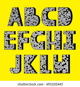 English alphabet vector, typography design. Background with set of decorative latin letters. Poster with colorful latin abc made in modern style. Hand drawn font. Different capital letters