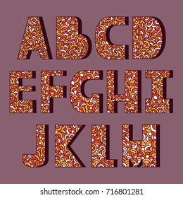English alphabet vector, typography design. Background with set of decorative latin letters. Poster with colorful latin abc made in modern style. Hand drawn font. Different capital letters