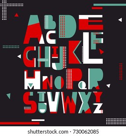 English alphabet vector, typography design. Background with set of decorative latin letters. Poster with colorful latin abc made in modern style. Clean font, flat line style. Trendy capital letters