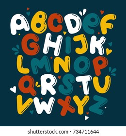 English alphabet vector, typography design. Background with set of decorative latin letters. Poster with colorful latin abc made in cute style. Hand drawn font. Different comic letters