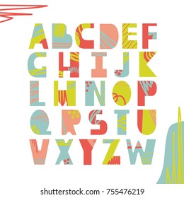 English alphabet vector, typography design. Background with set of decorative latin letters. Poster with colorful latin abc made in modern style. Hand drawn bright font. Different capital letters