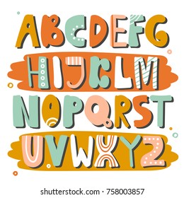 English alphabet vector, typography design. Background with set of decorative latin letters. Poster with colorful latin abc made in modern style. Hand drawn bright font. Different capital letters