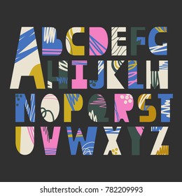 English alphabet vector, typography design. Background with set of decorative letters. Poster with colorful latin abc made in modern style. Hand drawn colored bright font. Different capital letters