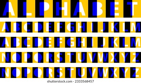 English alphabet with visual illusion of movement left and right. Blue and white letters in yellow and black squares are an easy text designer.