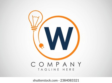 English alphabet W in a circle with electric bulb and plug. Electricity, industrial and technology logo