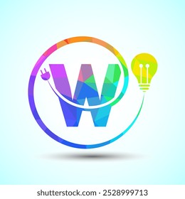 English alphabet W with electric bulb and plug. Low poly style electricity and technology logo