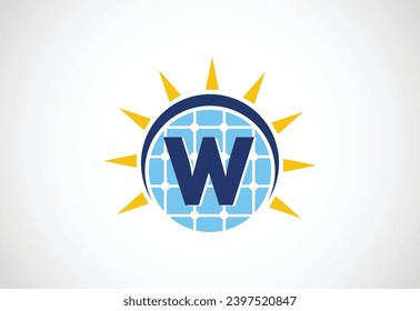 English alphabet W with solar panel and sun sign. Sun solar energy logo vector illustration