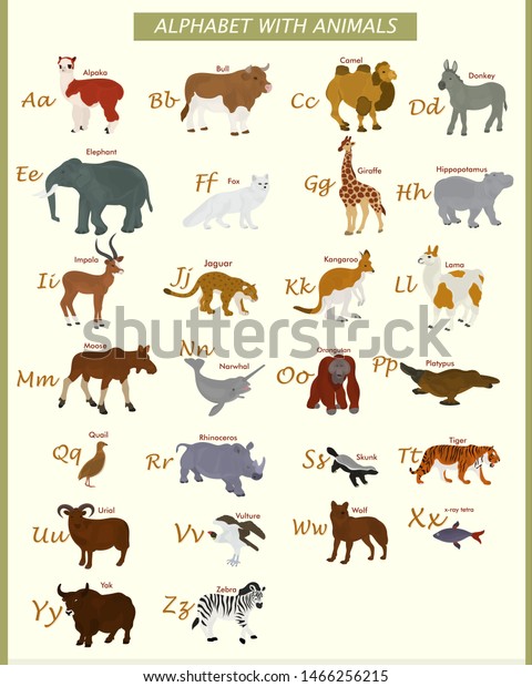 English Alphabet Wild Animals Their Names Stock Vector Royalty Free