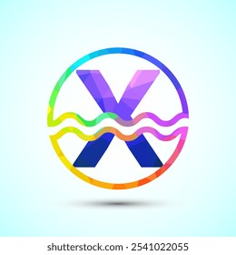 English alphabet X in a circle with water waves. Water wave logo design low poly style