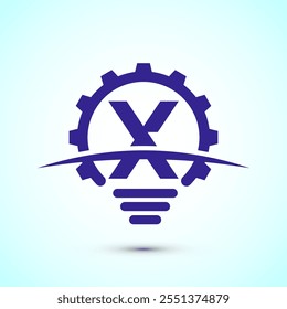 English alphabet X with electric bulb and gear sign. Creative idea logo concept