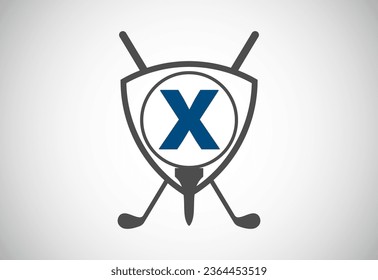 English alphabet X with golf ball, golf stick and shield sign. Modern logo design for golf clubs.