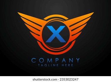 English alphabet X with wings logo design. Car and automotive vector logo concept