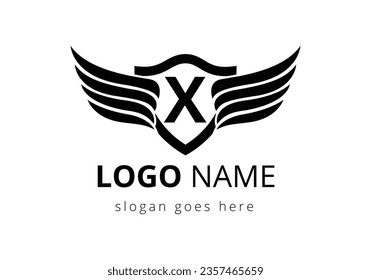 English alphabet X with wings logo design. Transportation Logo Letter and Wings Concept